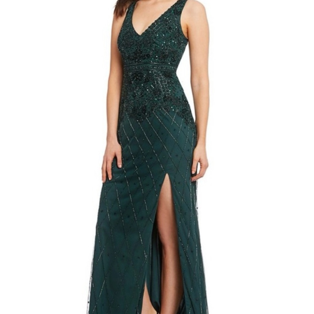 Adrianna Papell beaded forest green evening gown